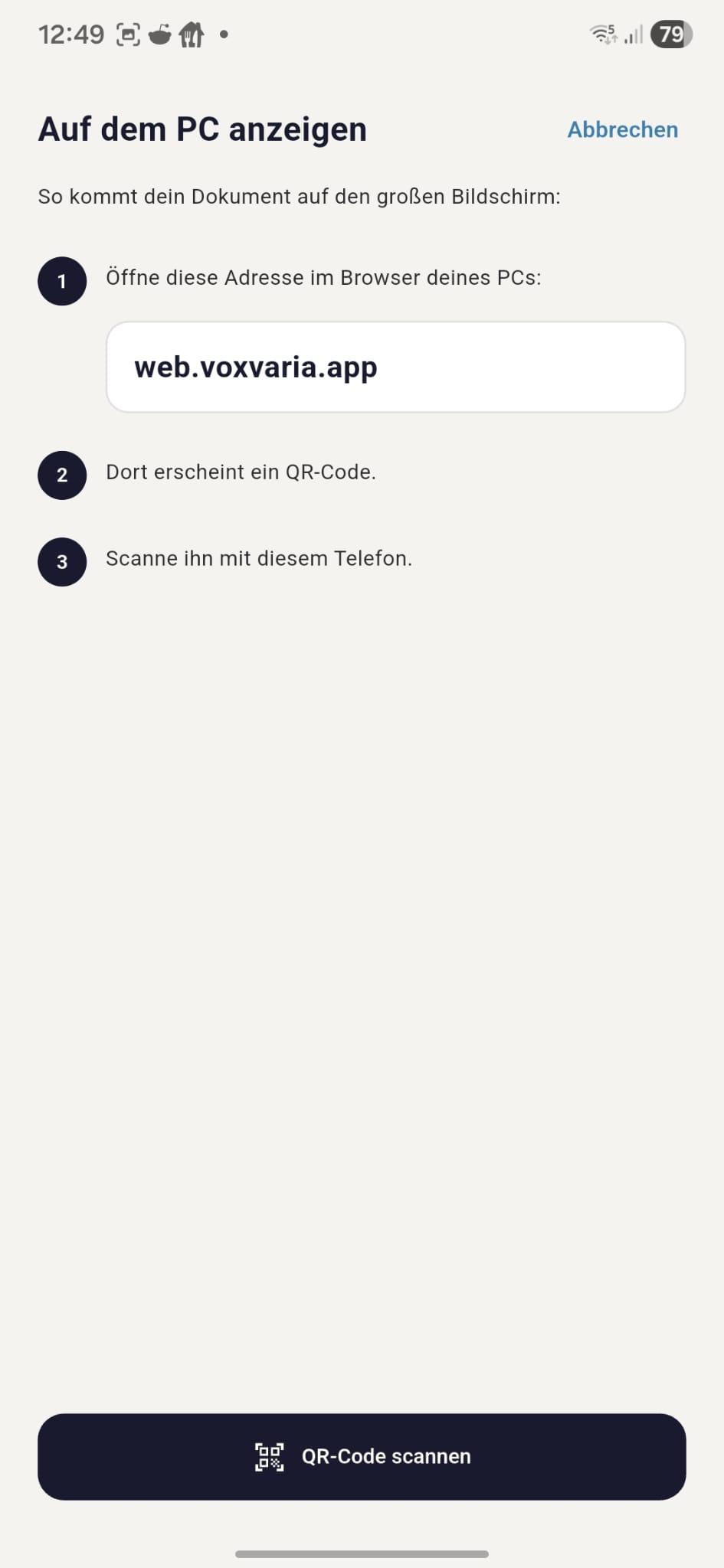 Screenshot: Export auf den Desktop per QR-Code